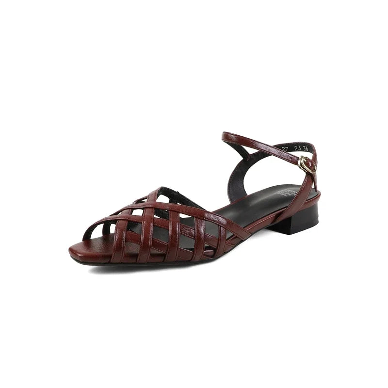 Cowhide Fish Mouth Square Head Hollow Weave Elastic Buckle Strap Retro Low Heel