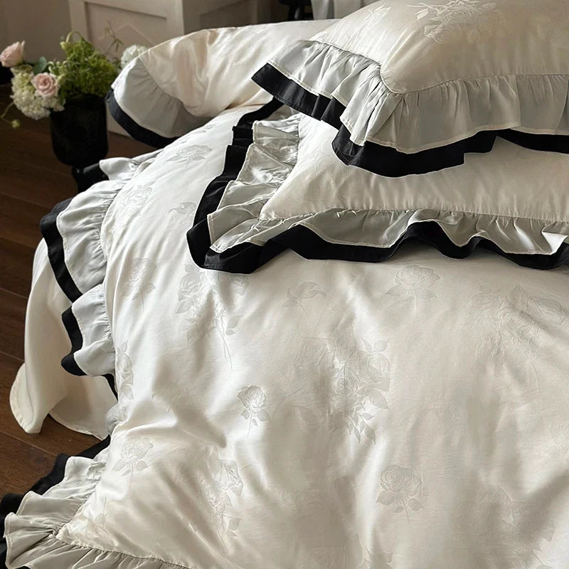Vintage Jacquard Egyptian Cotton Luxury Lace Ruffles Princess Wedding Bedding Set