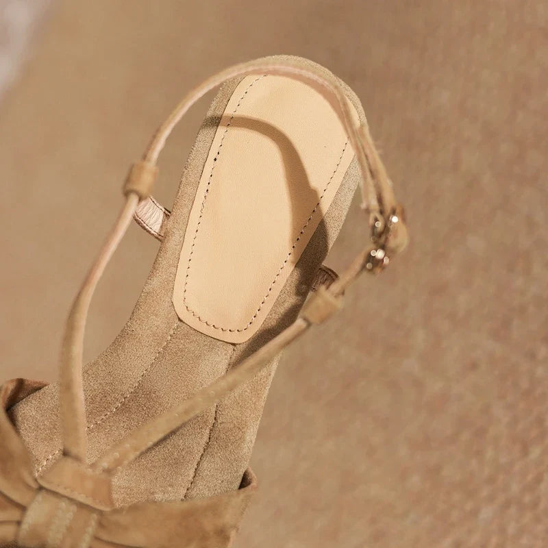 sheep suede square toe open toe high-heeled elastic belt buckle fish mouth sandals