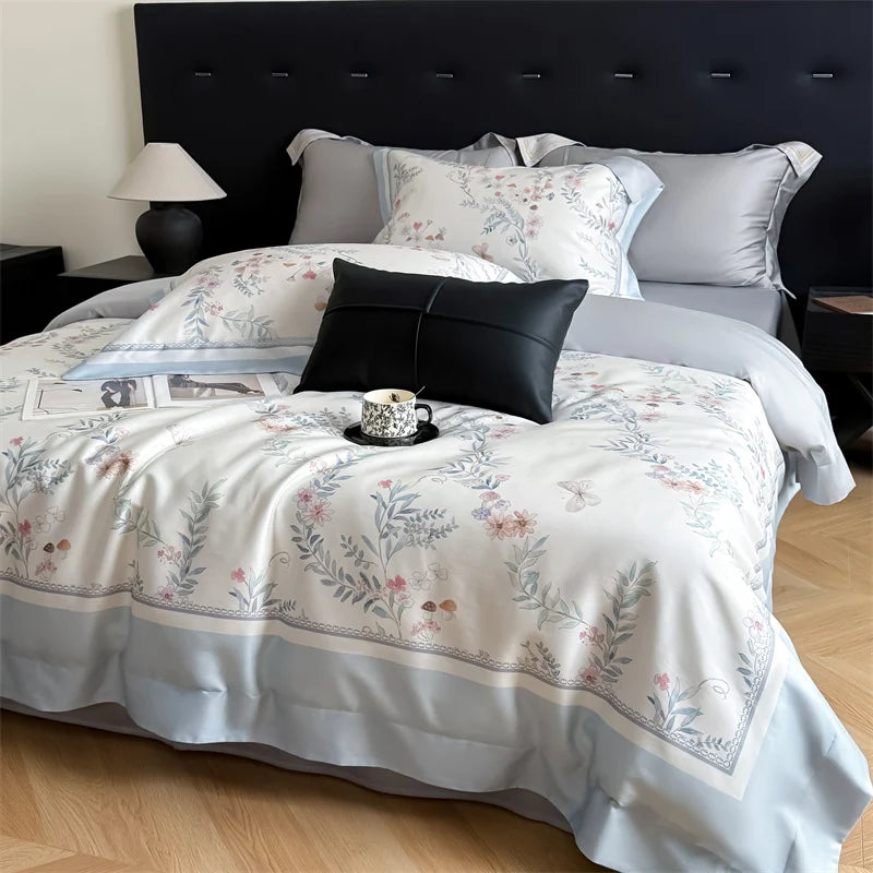 600TC Lyocell Cotton Soft Breathable Flowers Print Bedding Set