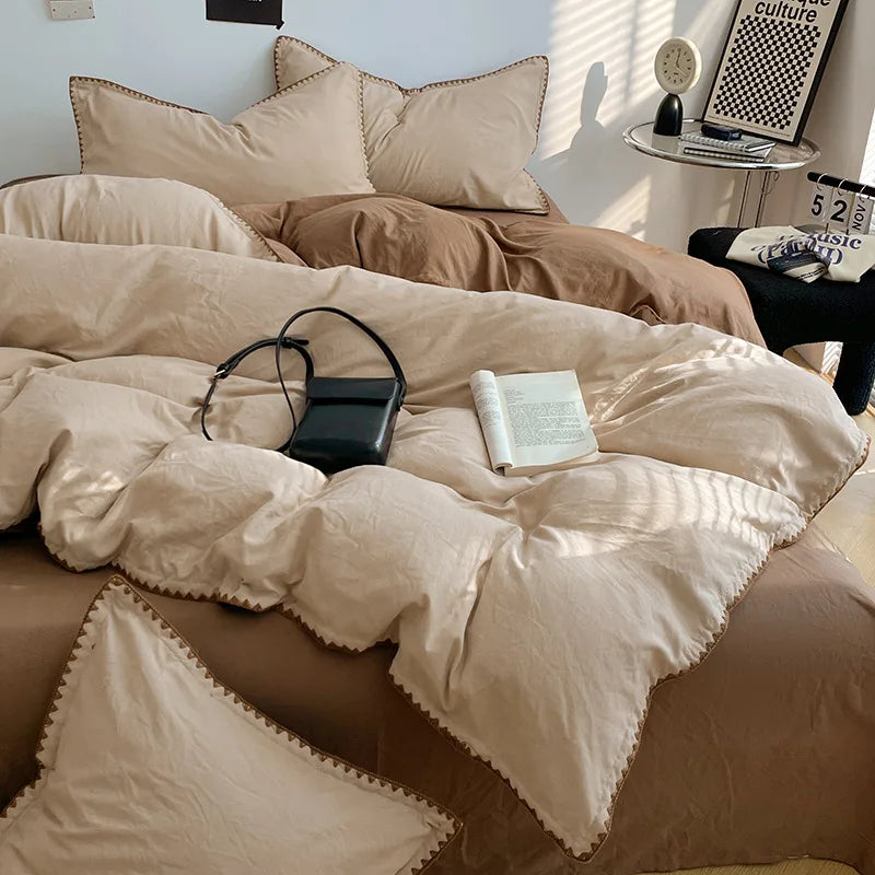 Solid Color Soft Duvet Cover Set Skin Friendly Washable Cotton Queen Bedding Set