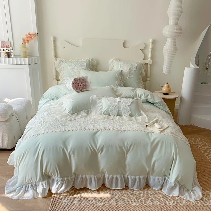 3/4Pcs Korean Princess-Style Bow Lace Ruffle Green Bedding Set