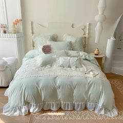 3/4Pcs Korean Princess-Style Bow Lace Ruffle Green Bedding Set