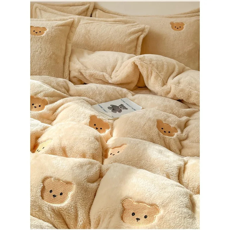Cartoon Embroidered Plush 4pcs Bedding Set