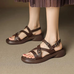 leather cowhide loose grip midsole thick sole retro open toed fish mouth Shoes