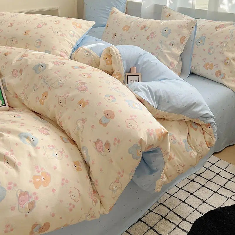 Cute Cat Duvet Cover Set with Zipper Flat Bed Sheet Pillowcases No Filler Twin Queen Size Girls Boys Gift Cartoon Bedding Set