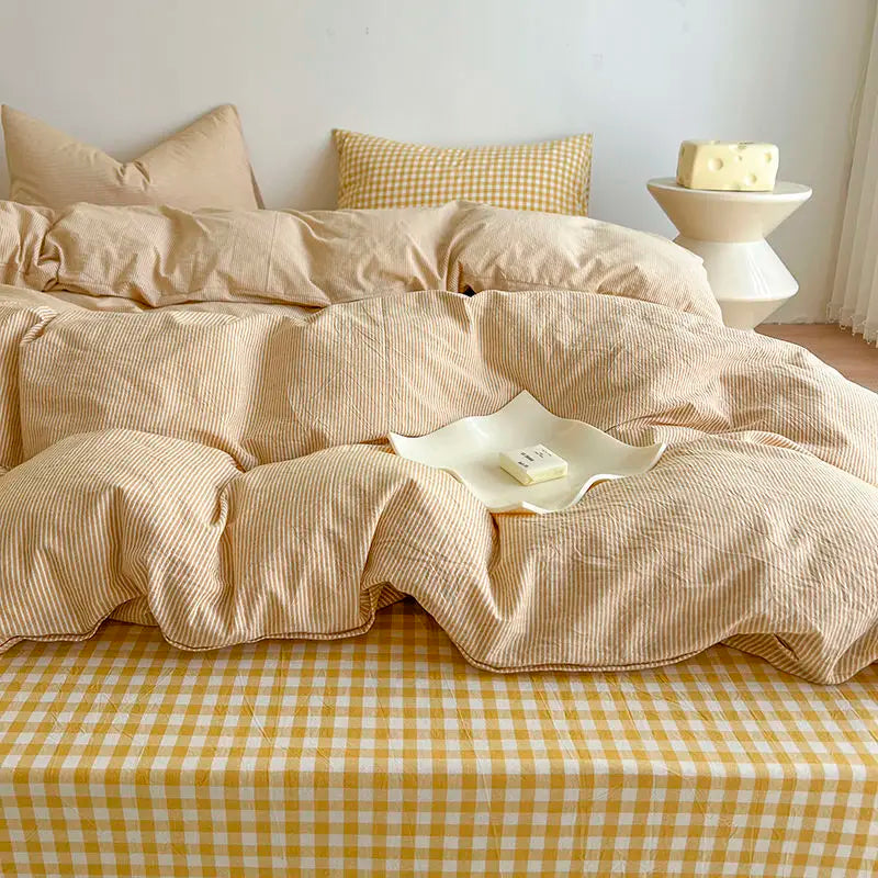 Ins Duvet Cover Set Green Strip Twin Queen Size Girls Boys Flat Sheet Pillowcase No Filler Fashion Home Hotel Bedding Set