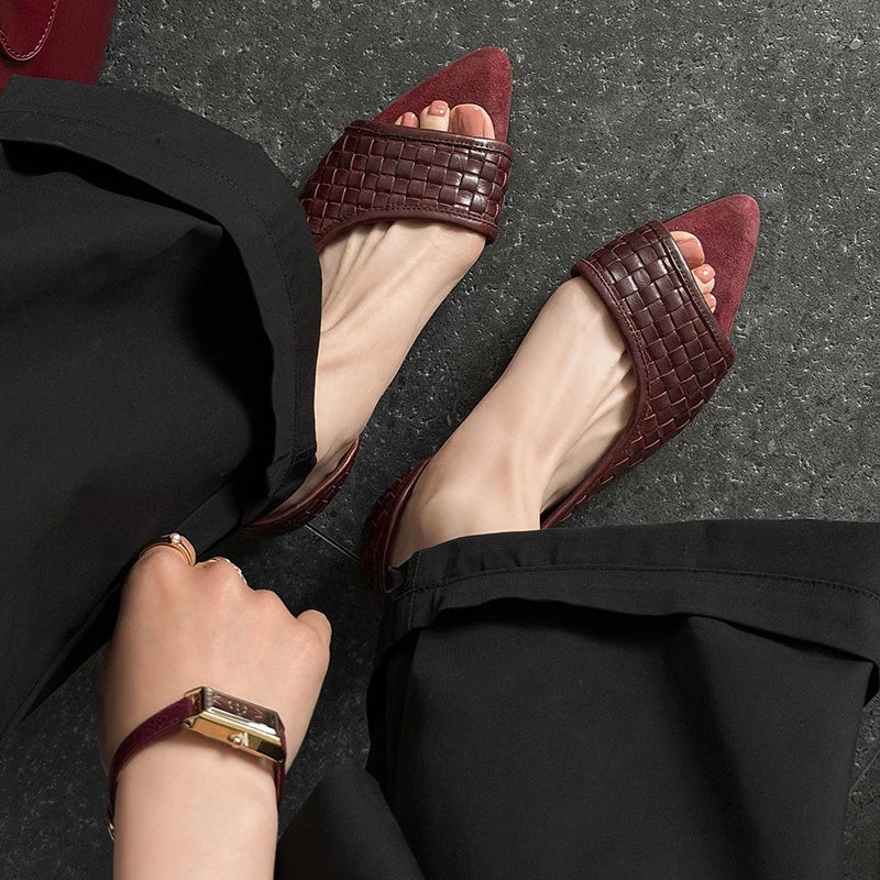 leather woven cowhide low Heel