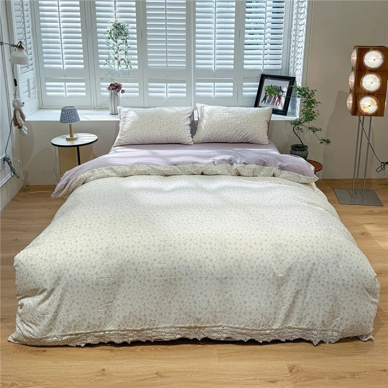3/4Pcs Korean Princess Flower Print Lace Bedding Set