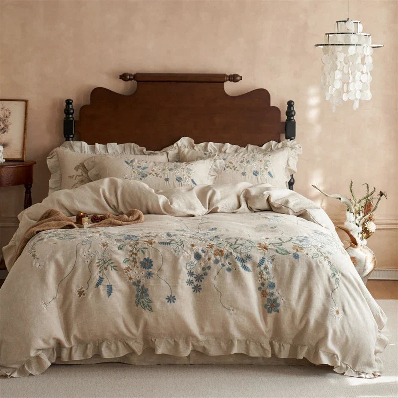 100% Pure Linen Vintage Flowers Embroidery Ruffles Luxury Bedding Set