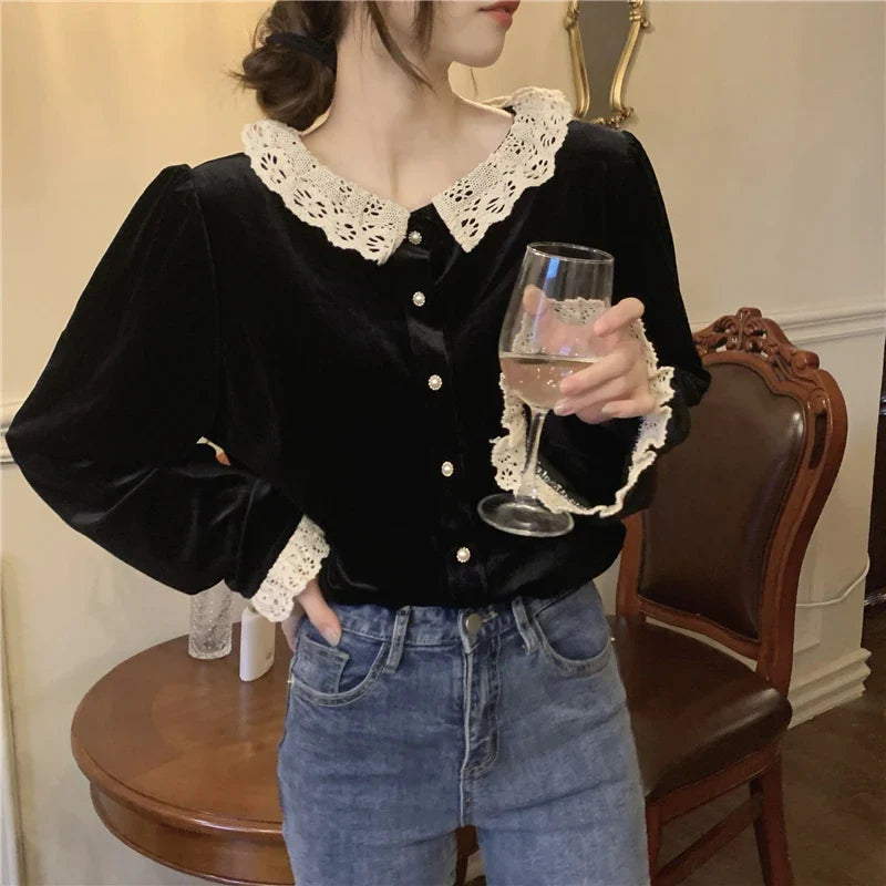 Sivelle Dark Academia Velvet Shirt with Lace Collar