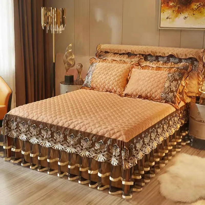 European Style Winter Lace Embroidery Bed Skirt Set High Quality Thickened Bed Cover Bedding Set