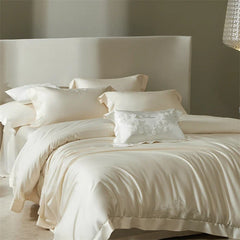Luxury Lyocell Cotton Bedding Set, Champagne with Embroidery & Rhinestone Trim, Silky Soft Duvet Cover Bed Sheet Pillowcase 4Pcs