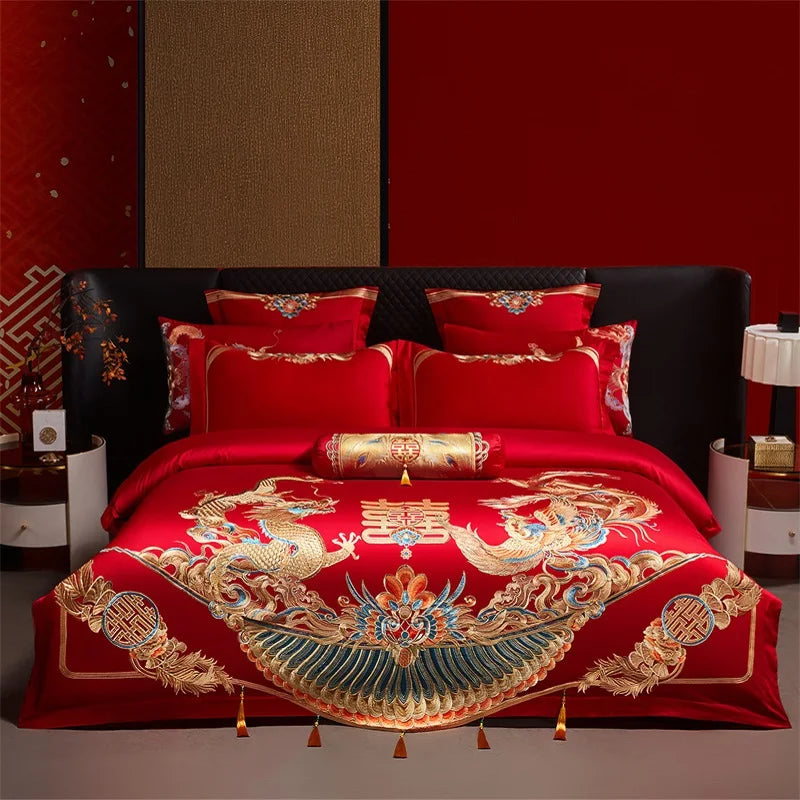Luxury Chinese Style Wedding Dragon Phoenix Embroidery Red Bedding Set