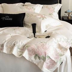 100% Cotton Chic Flowers Embroidery Luxury Bedding Set