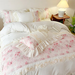 3/4Pcs French Romantic Lace Printed Ruffle Bedskirt Queen Size Quilt Cover Princess Style Boiled Cotton Double Bedding Set