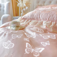 4/6Pcs Pink Butterfly Jacquard Three-layer Lace Ruffles Princess Wedding Bedding Set