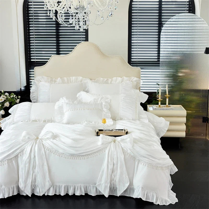 1000TC Egyptian Cotton Vintage French Palace Style Pleated Lace Ruffles Bow Bedding Set