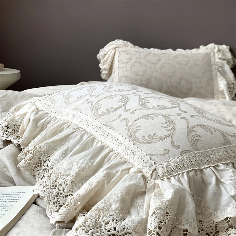 Vintage French Large Lace Ruffles Natural Cotton Linen Princess Bedding Set