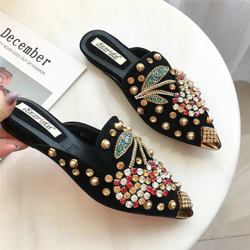 Large Size Women Mules Rivet Half Slippers Female Cherry Rhinestones Pointed Flat Shoes