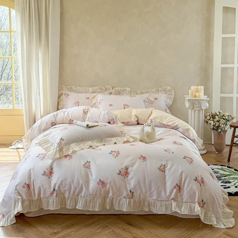 100% Cotton French Cottage Rose Print with Ruffle Trim Princess Bedding Set
