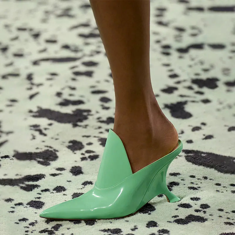 Pointed Lacquer Leather Deep Mouth Slippers with Irregular Super High Wedge Heels