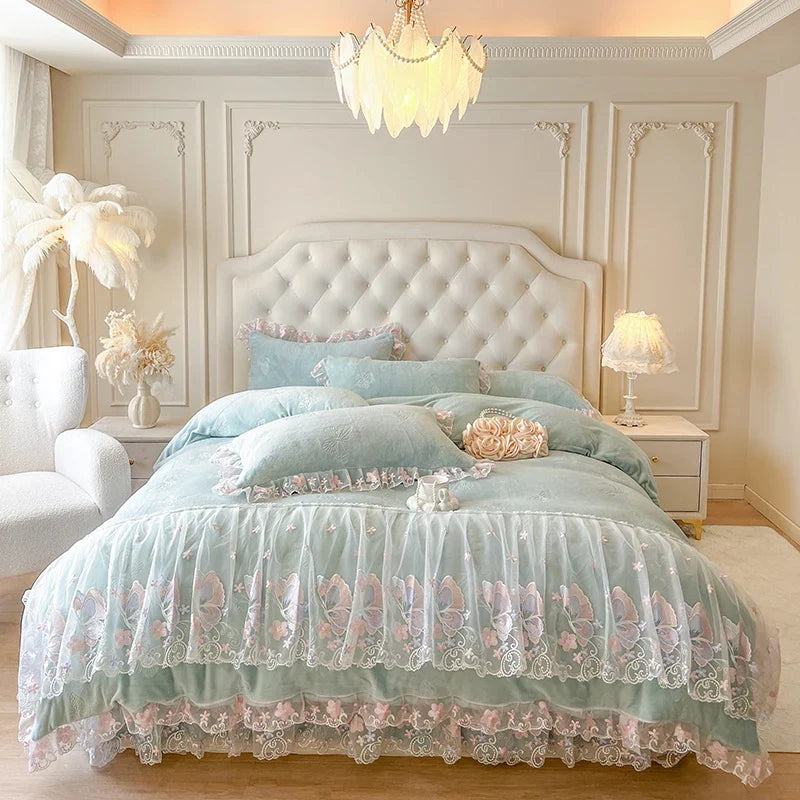 Butterfly Embroidery Lace Ruffles Carved Velvet Winter Thickened Bedding Set