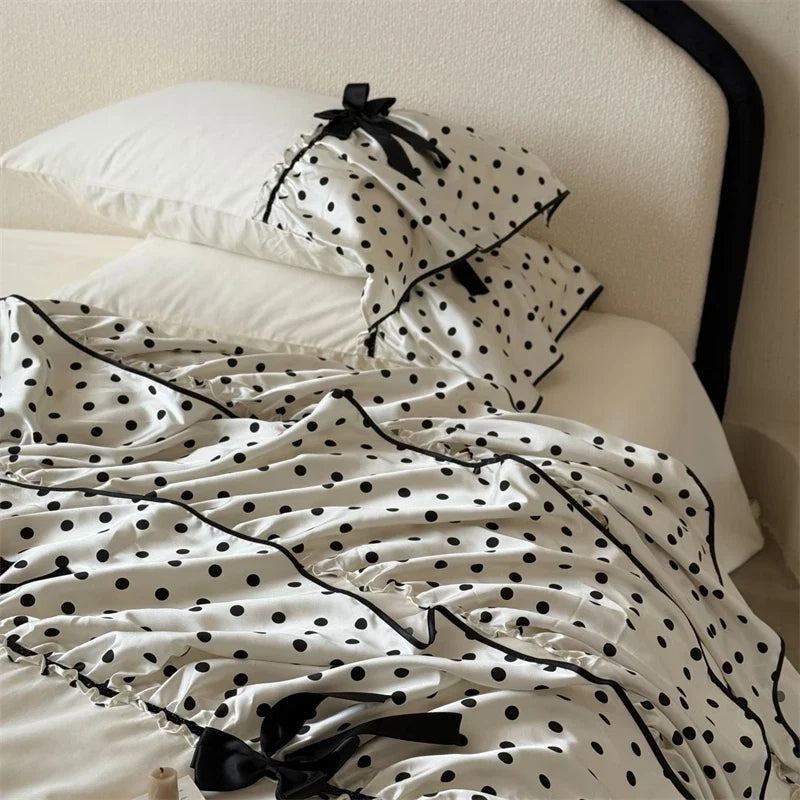 Three-layer Polka Dot Ruffles Bow Bedding Set