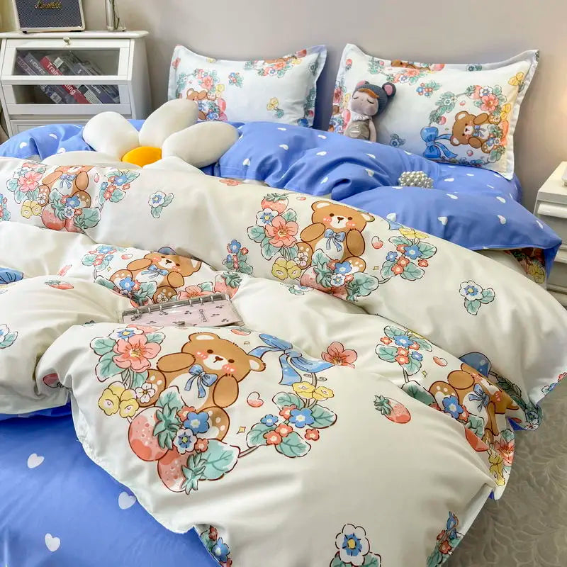 Solid Color Duvet Cover Set with Flat Sheet, Pillowcases, Single, Double, Queen Size Bed Linen, Blue, Boys, Girls, Home Bedding