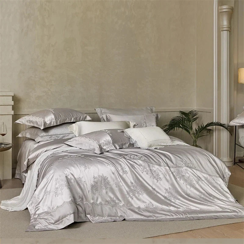 1000TC Egyptian Cotton Soft Silky Satin Jacquard Embroidery Luxury Bedding Set