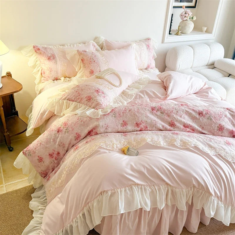 3/4Pcs French Romantic Lace Printed Ruffle Bedskirt Queen Size Quilt Cover Princess Style Boiled Cotton Double Bedding Set