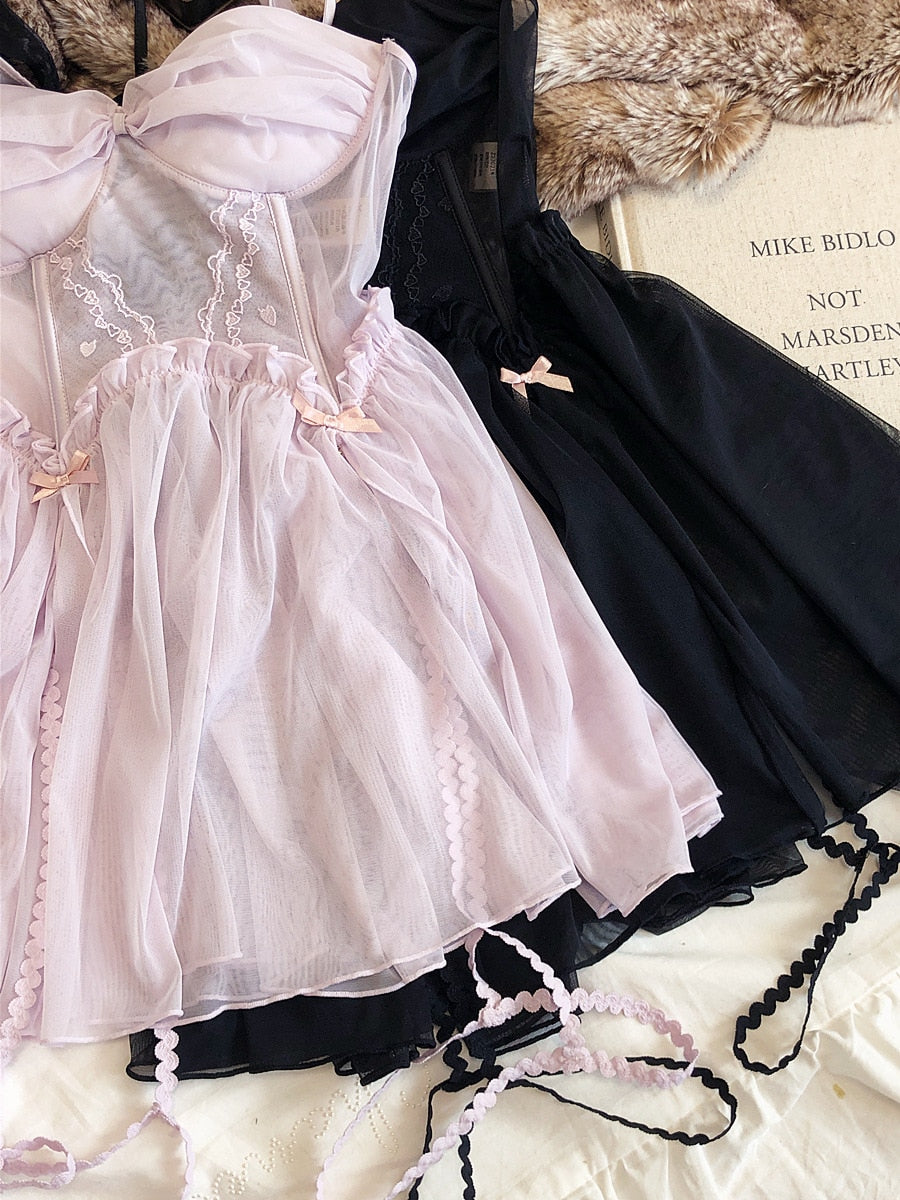 2-teiliges Nachthemd-Dessous-Set in Rosa/Schwarz