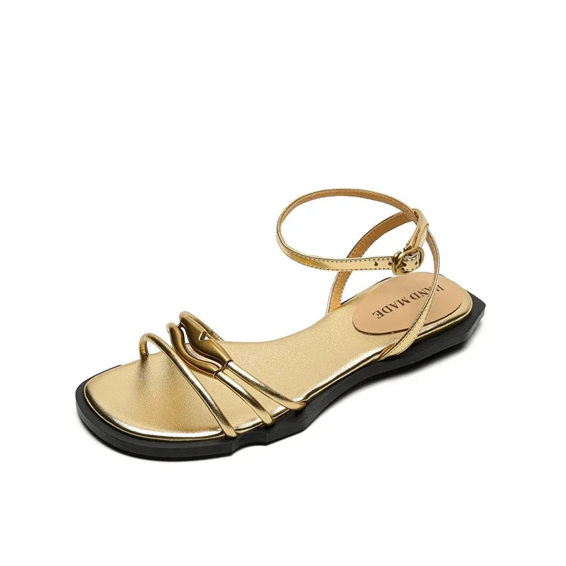 Leather Cowhide Metal Accessories with Elastic Buckle Round Toe Open Toe Shoes