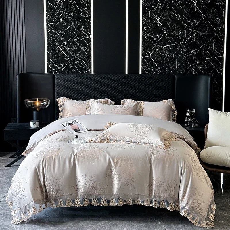Luxury Euro Gold Satin Jacquard Lace Bedding Set