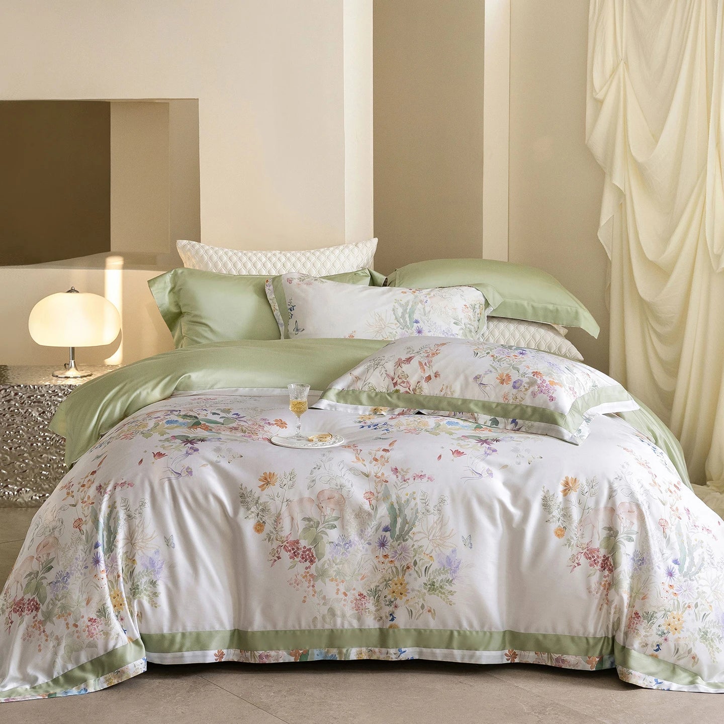 Luxury 600TC Lyocell Cotton Bedding Set, Floral Print Duvet Cover Set with Pillowcases, Soft Silky Bed Sheet/Fitted Sheet 4Pcs