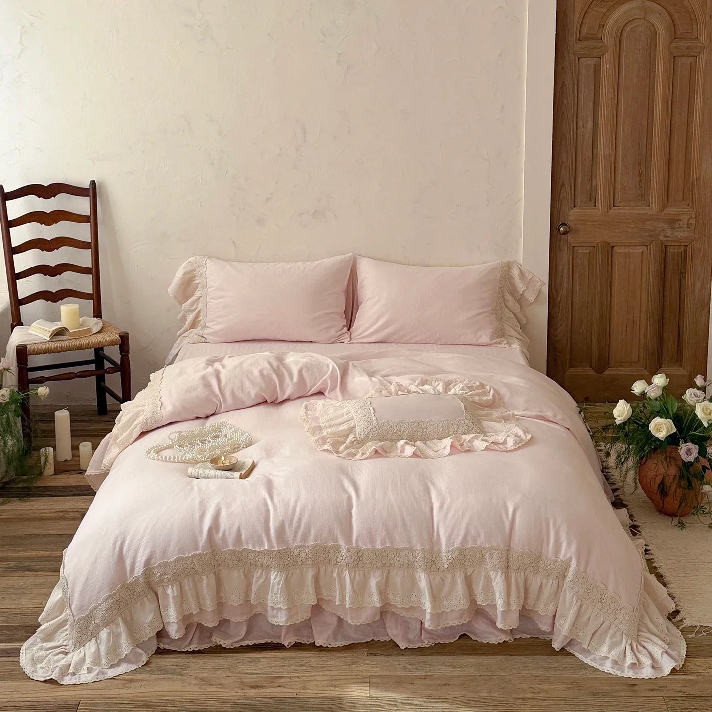 Romantic Double Layer Lace Ruffles 100% Cotton Double Gauze Princess Wedding Bedding Set