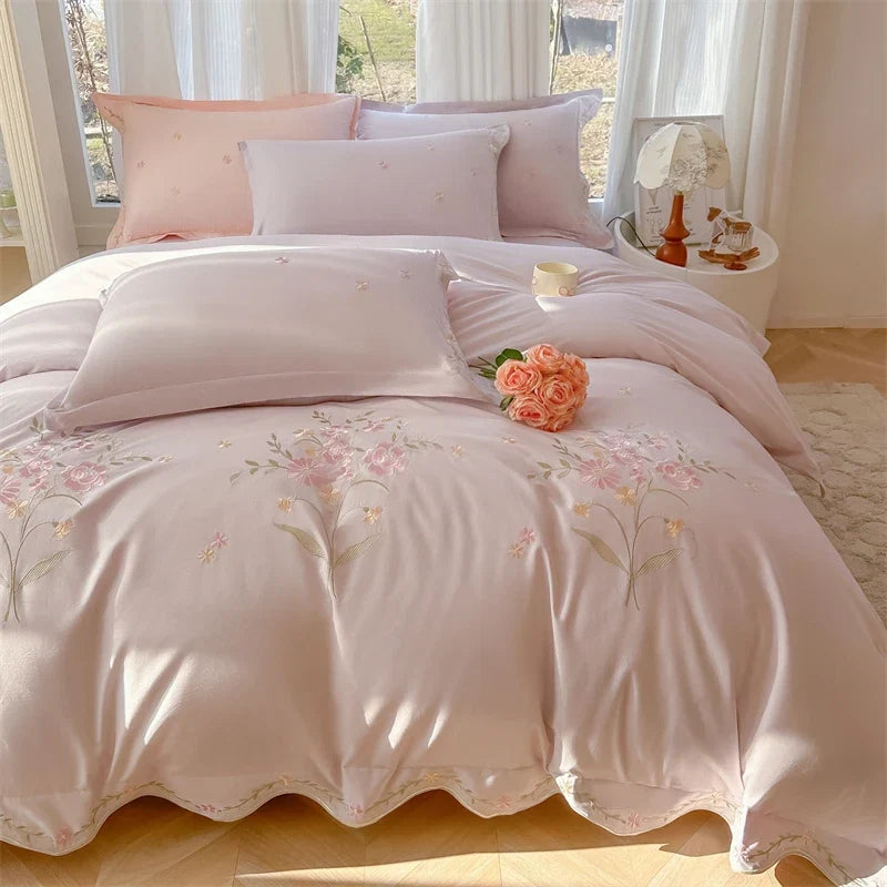 Floral Embroidery 100% Cotton Luxury Bedding Set
