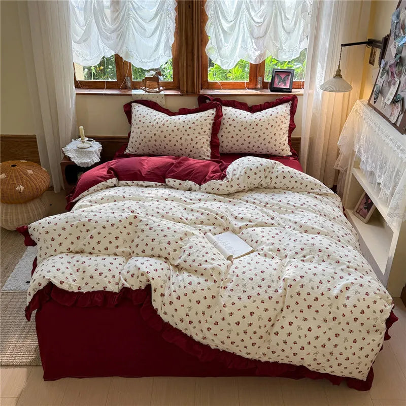 3/4Pcs Korean Princess Style Floral Printing Bedding Set