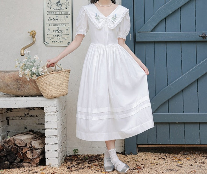Heidi Flower Embroidered White Cottagecore Dress