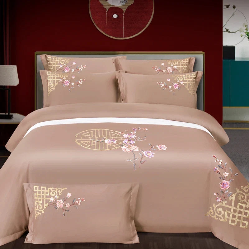 100% Cotton Luxury Oriental Golden Geometric Pattern Flowers Embroidery Bedding Set