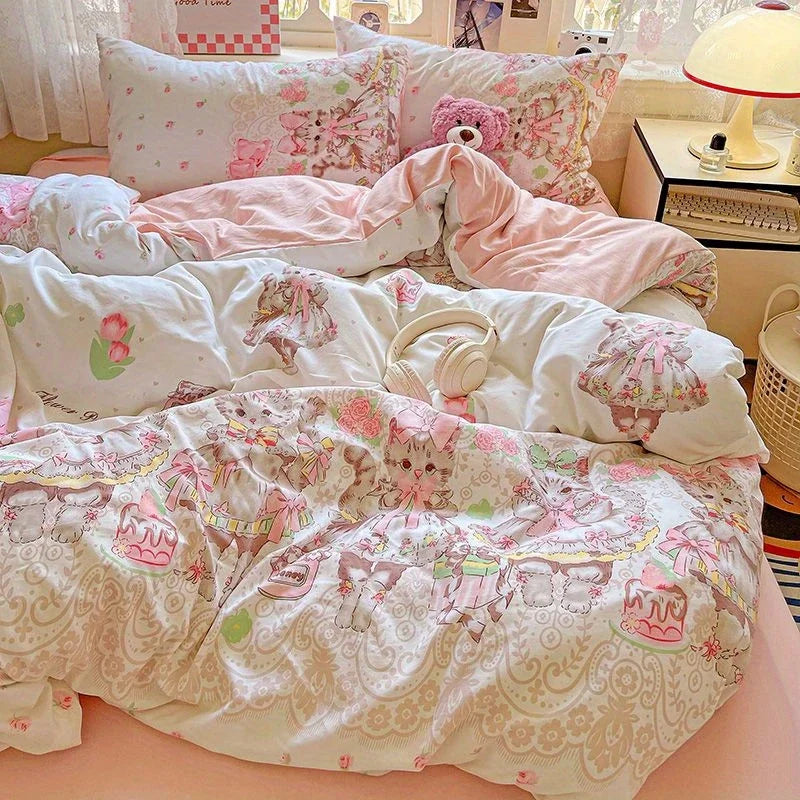 Pink Flowers Duvet Cover Set Ins Fashion Single Queen Size Girls Boys Flat Sheet Pillowcase No Filler Home Decor Bedding Set