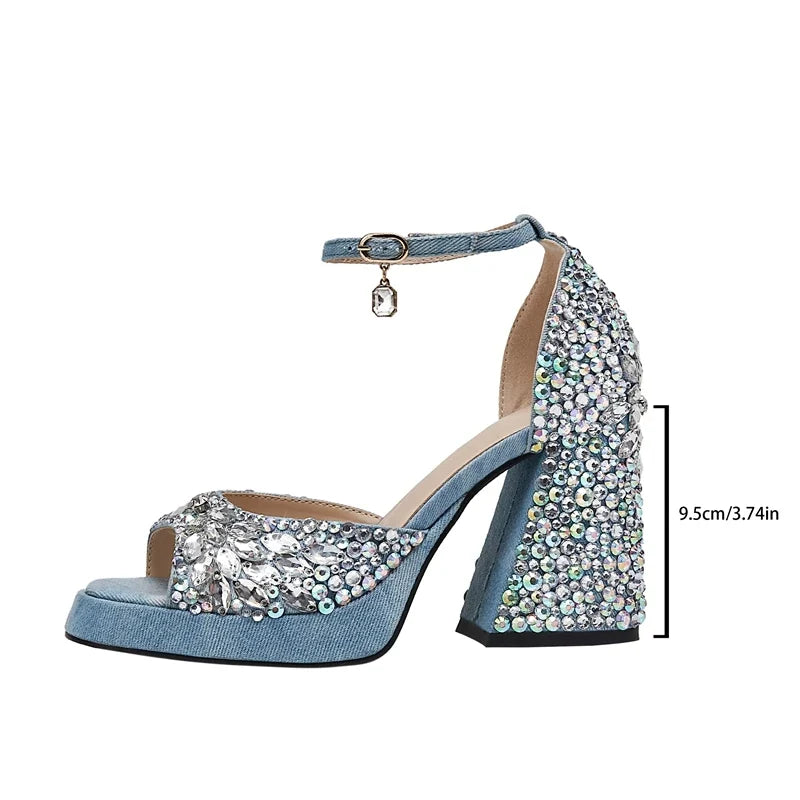 Open Toe Waterproof Platform Denim Water Diamond High Heel