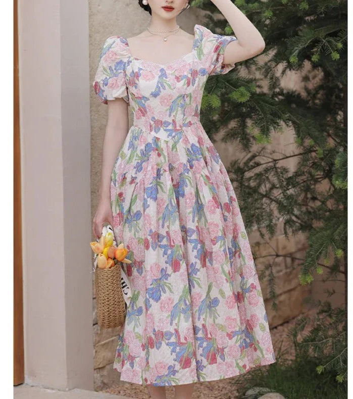 Dalila Floral Pearl Decorated Vintage-Inspired Dress