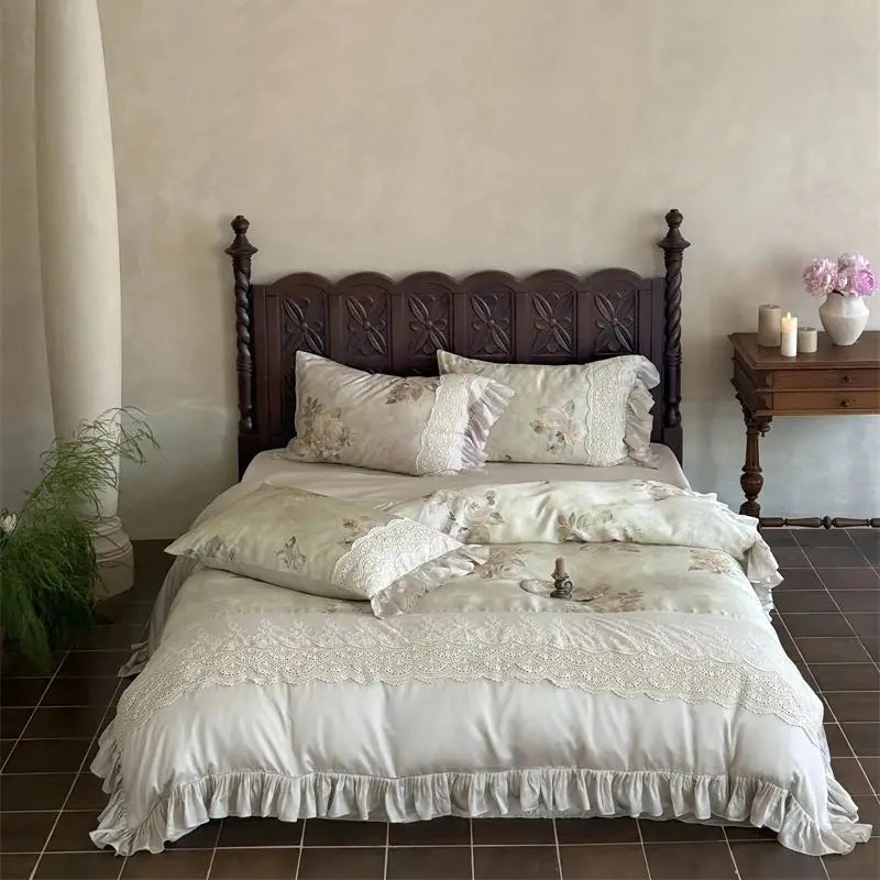 Vintage French Rose Flower Print Lace Bedding Set