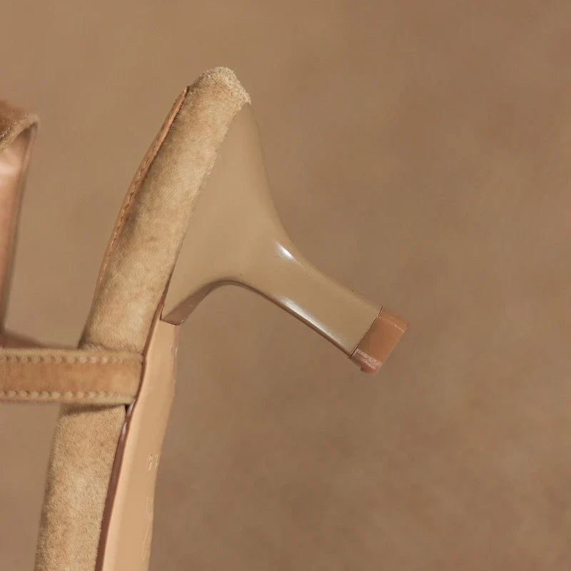 sheep suede square toe open toe high-heeled elastic belt buckle fish mouth sandals