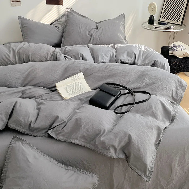 Solid Color Soft Duvet Cover Set Skin Friendly Washable Cotton Queen Bedding Set