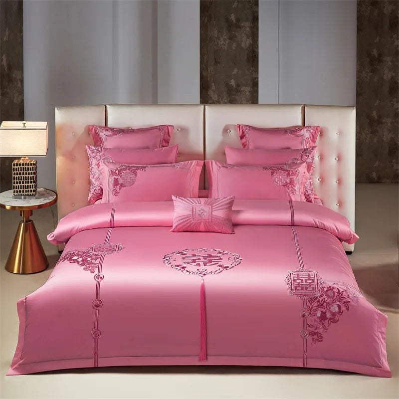 Luxury Chinese Style Wedding Flowers Embroidery Rose Pink Bedding Set