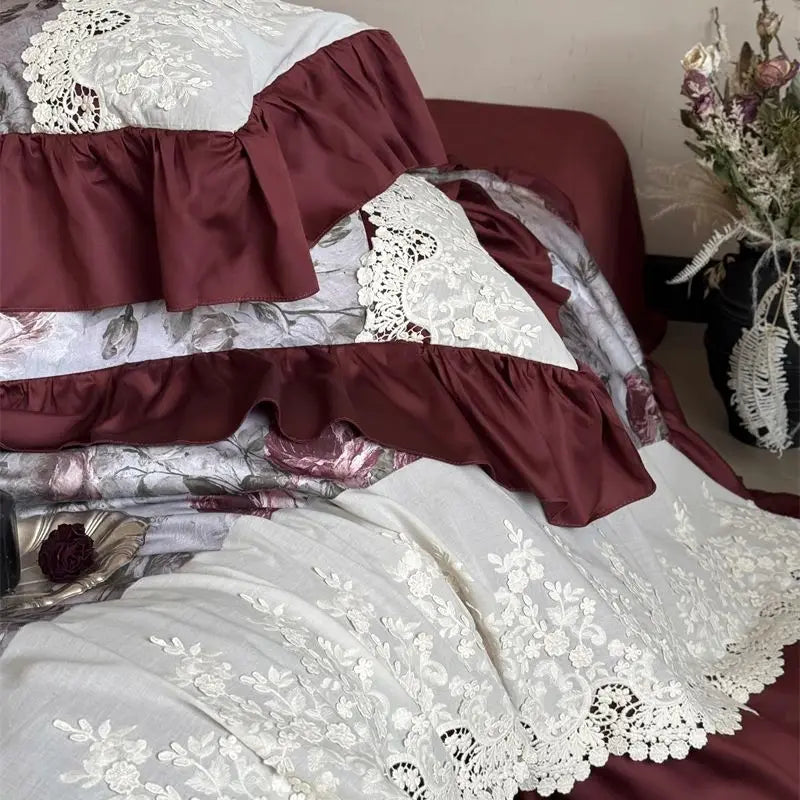 Vintage French-style Rose Print Lace Ruffle Bedding Set