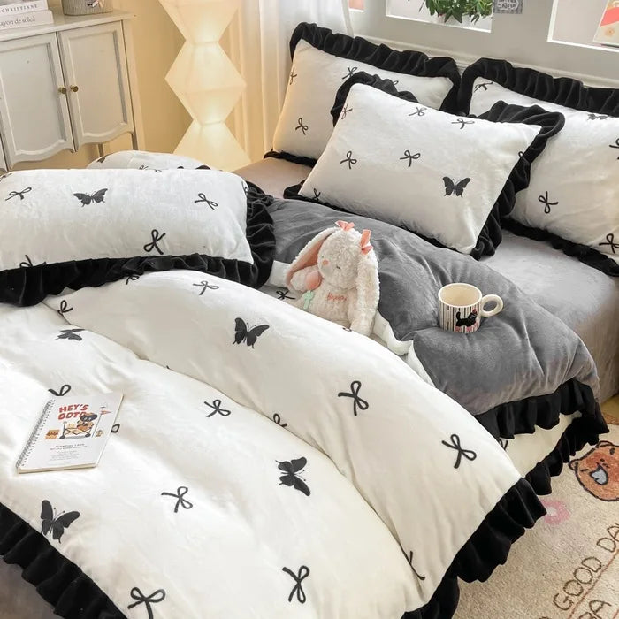 French Style Korean Lace Milk Velvet Bedding Set