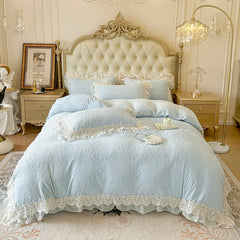 4Pcs Vintage French Romantic Lace Ruffles Carved Velvet Warm Winter Princess Bedding Set